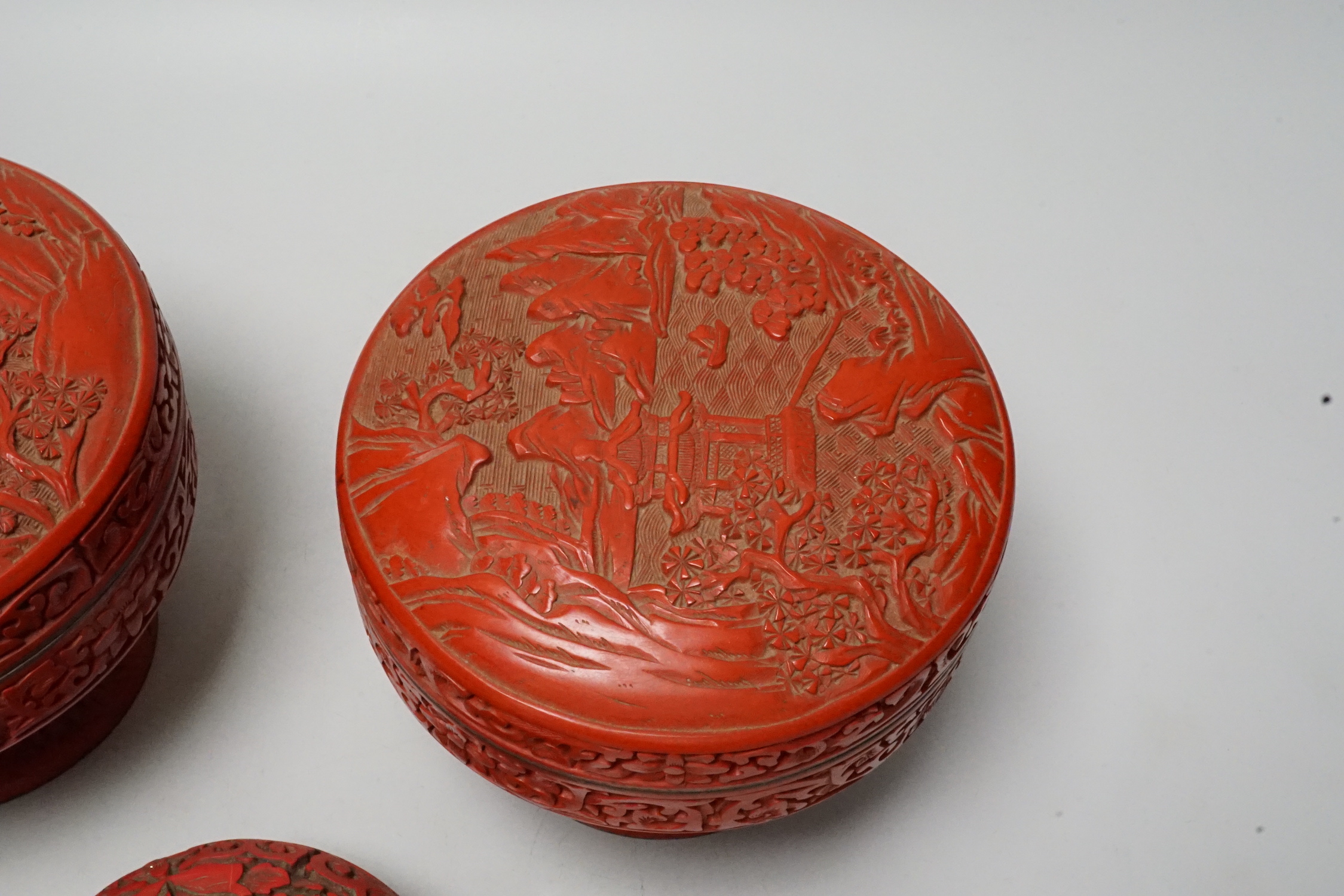 Two Chinese red lacquer stem dishes and covers and another box - Image 3 of 4