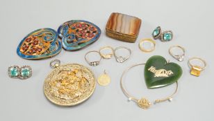 A quantity of mainly costume jewellery and other items including enamelled belt buckle.