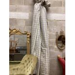 A pair of blue / gold check lined curtains approximate widths 140cm top, 320cm floor, drop 250cm