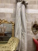 A pair of blue / gold check lined curtains approximate widths 140cm top, 320cm floor, drop 250cm