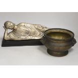 A Chinese silvered metal reclining Buddha and a two handled censer, reclining Buddha 41cm wide