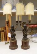 A pair of late 19th century French bronze and ormolu cherub two branch candelabra, converted to