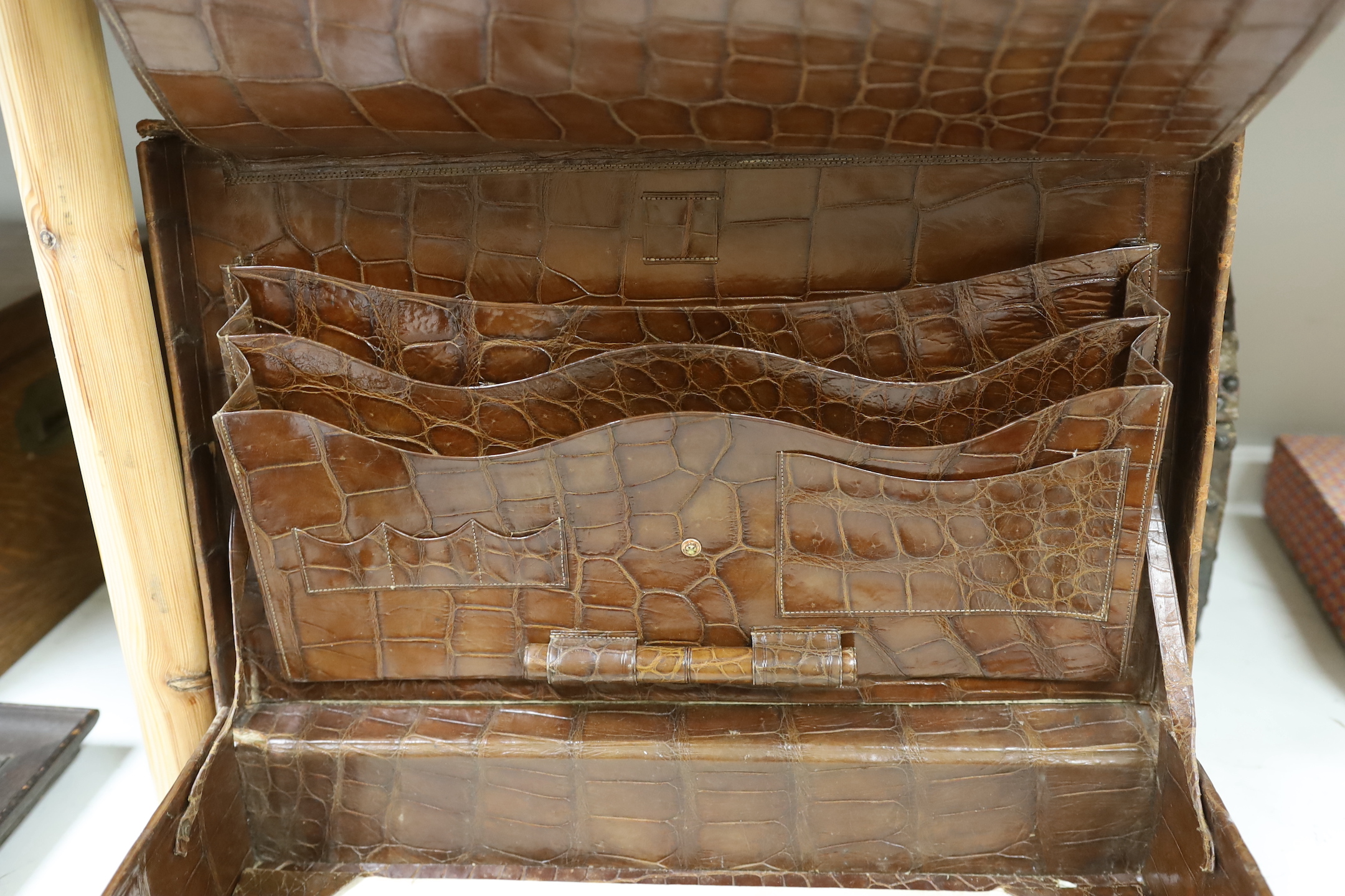 A Finnigans crocodile leather attaché case, pre 1940, with interior figments and blotter, 45cm wide, - Image 4 of 4