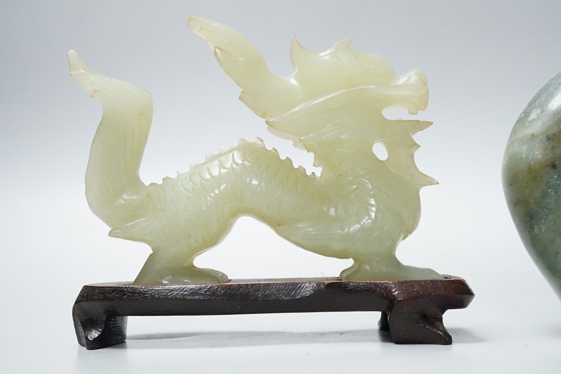 A Chinese bowenite dragon on stand and a soapstone carving, largest 12cm long - Image 3 of 4