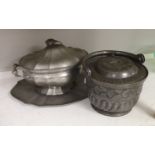 A Belgian? pewter ice bucket and a Kayserzinn tureen, cover and stand