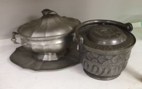A Belgian? pewter ice bucket and a Kayserzinn tureen, cover and stand