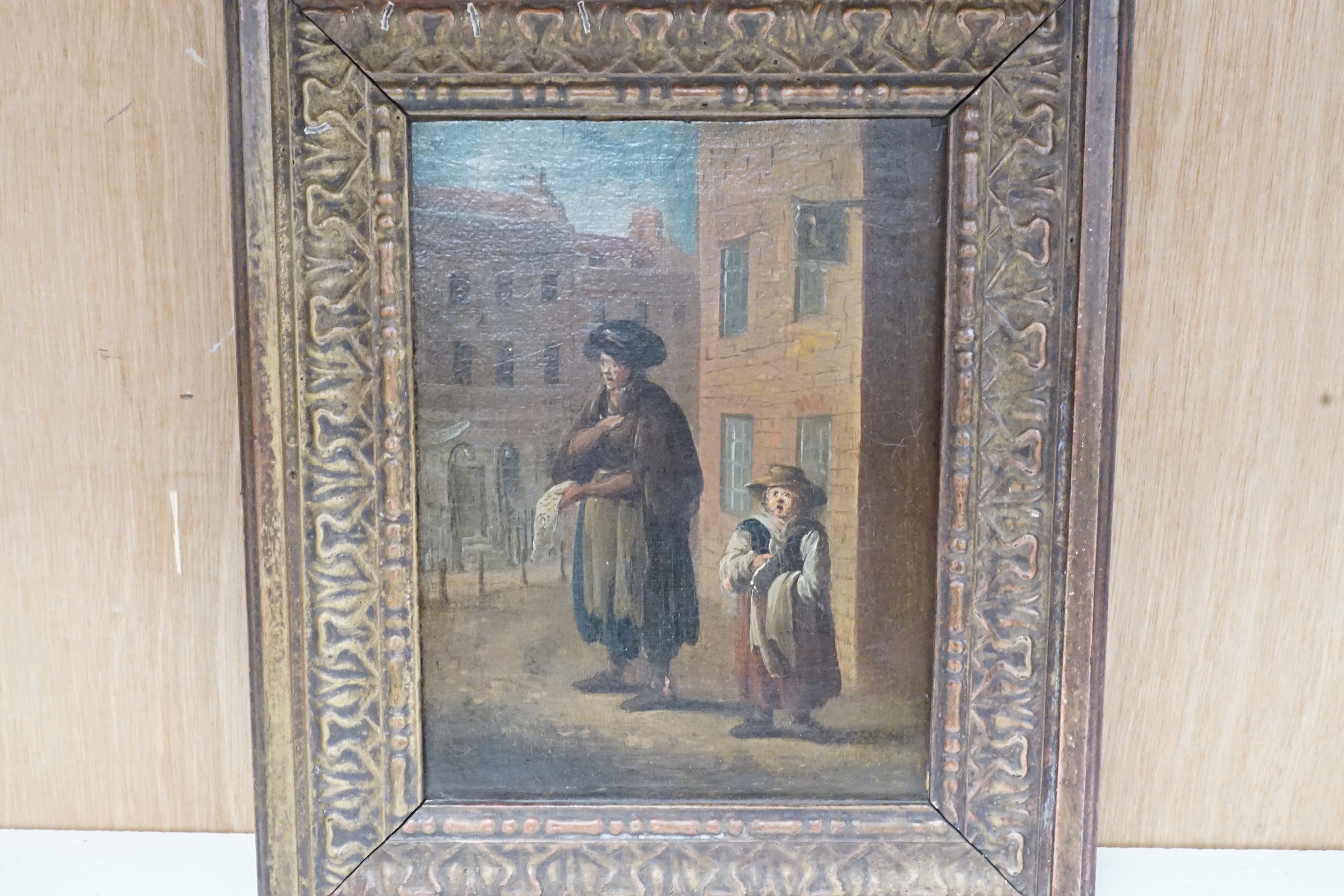 18th century English School, oil on canvas, ‘’Street vendors, one selling lace’’, 18 x 13cms. - Image 3 of 5