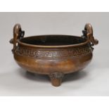 A massive Chinese brown patinated bronze ding censer, with dragon handles, 23.5cm including