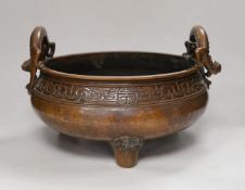 A massive Chinese brown patinated bronze ding censer, with dragon handles, 23.5cm including
