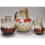 Two Scheurich Keramik jugs and a vase, tallest jug 28cm high