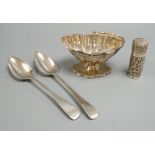 A pair of George III silver Old English pattern tablespoons, London, 1810, a later silver sugar