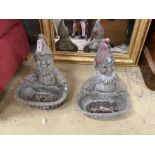 A pair of cast stone gnome bird baths, height 40cm