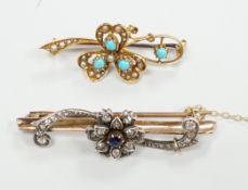 Two late Victorian yellow metal and gem set bar brooches, including sapphire and diamond, 46mm and