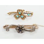 Two late Victorian yellow metal and gem set bar brooches, including sapphire and diamond, 46mm and