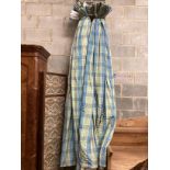 A pair of blue / green check lined curtains approximate widths 140cm top, 320cm floor, drop 250cm