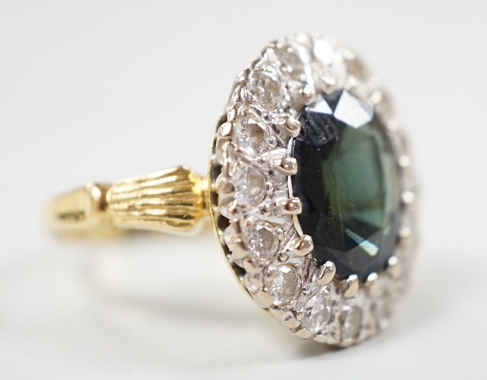 A 1970's? 18ct gold, single stone oval cut sapphire and illusion set diamond cluster ring, size O/P, - Image 3 of 9