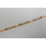 A modern yellow metal, diamond and cabochon gem set bracelet, 17.5cm, gross weight 9.6 grams.