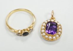A yellow metal, sapphire and diamond set three stone ring, size O/P and a yellow metal, amethyst and