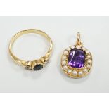 A yellow metal, sapphire and diamond set three stone ring, size O/P and a yellow metal, amethyst and