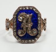 A 19th century yellow metal (stamped 18), enamel and rose cut diamond set initial ring, size H/I,