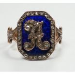 A 19th century yellow metal (stamped 18), enamel and rose cut diamond set initial ring, size H/I,