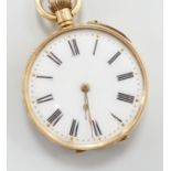 An engraved 18k open faced keyless fob watch, with Roman dial, case diameter 36mm, gross weight 35.6