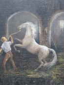 Ursula MacDonald (b.1903), oil on canvas board, Horse and groom, signed, 40 x 29cm