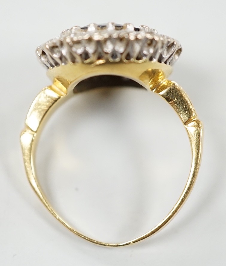 A 1970's? 18ct gold, single stone oval cut sapphire and illusion set diamond cluster ring, size O/P, - Image 5 of 9