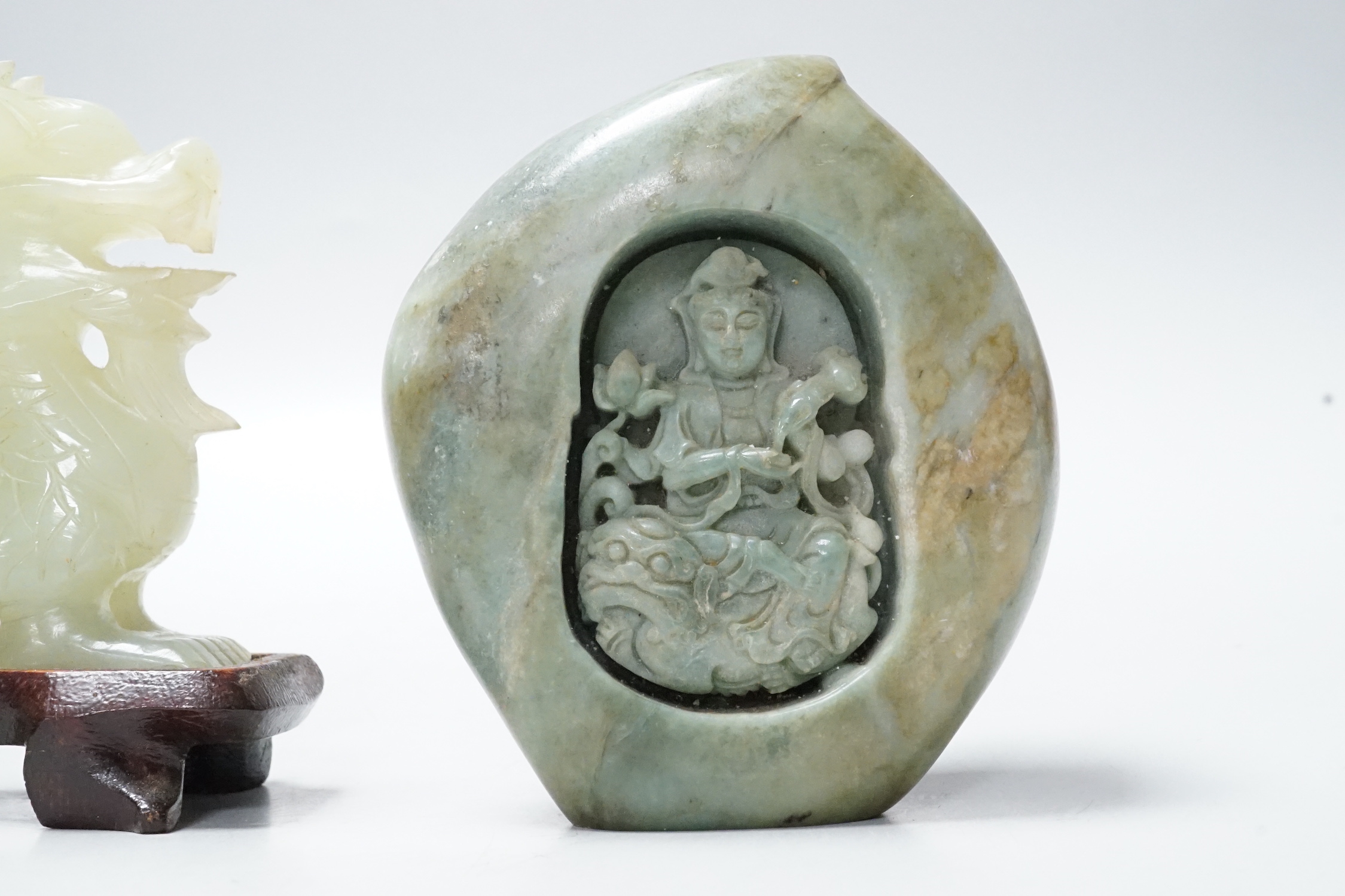 A Chinese bowenite dragon on stand and a soapstone carving, largest 12cm long - Image 2 of 4