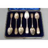 Seven silver teaspoons including five fiddle pattern, London, 1890.