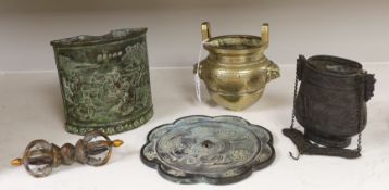 Two Chinese bronze vessels, a bronze censer, a vajra and a bronze mirror, tallest 16cm high