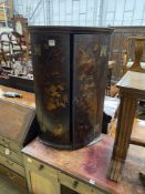 An 18th century chinoiserie lacquer bow front hanging corner cupboard, width 60cm, depth 40cm,