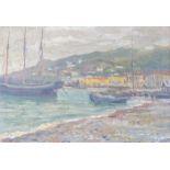 S. Pichot, oil on board, Boats moored along the coast, signed, label verso for Galea’s of Valetta,