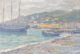 S. Pichot, oil on board, Boats moored along the coast, signed, label verso for Galea’s of Valetta,