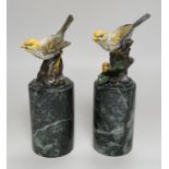Miguel Ferdinand Lopez (Milo). A pair of cold painted bronze yellow birds on marble plinth,