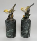 Miguel Ferdinand Lopez (Milo). A pair of cold painted bronze yellow birds on marble plinth,