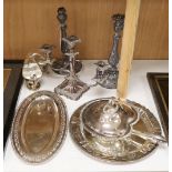 A selection of assorted plated ware, to include a pair of candlesticks, a pair of sauceboats, etc.