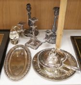 A selection of assorted plated ware, to include a pair of candlesticks, a pair of sauceboats, etc.