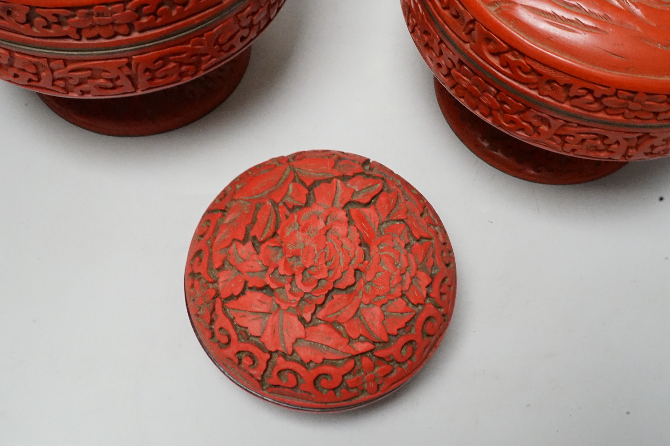 Two Chinese red lacquer stem dishes and covers and another box - Image 4 of 4