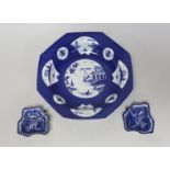 An 18th century Bow porcelain octagonal plate and two Bow pickle leaf dishes