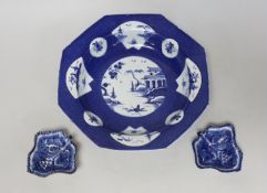 An 18th century Bow porcelain octagonal plate and two Bow pickle leaf dishes