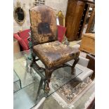 A George II style walnut and tan leather side chair, width 57cm, depth 58cm, height 93cm