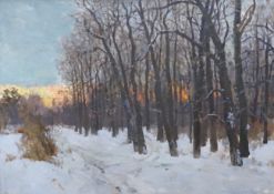 Russian School (1906-1984), oil on canvas, 'Winter woodland at sunset', inscribed verso and dated