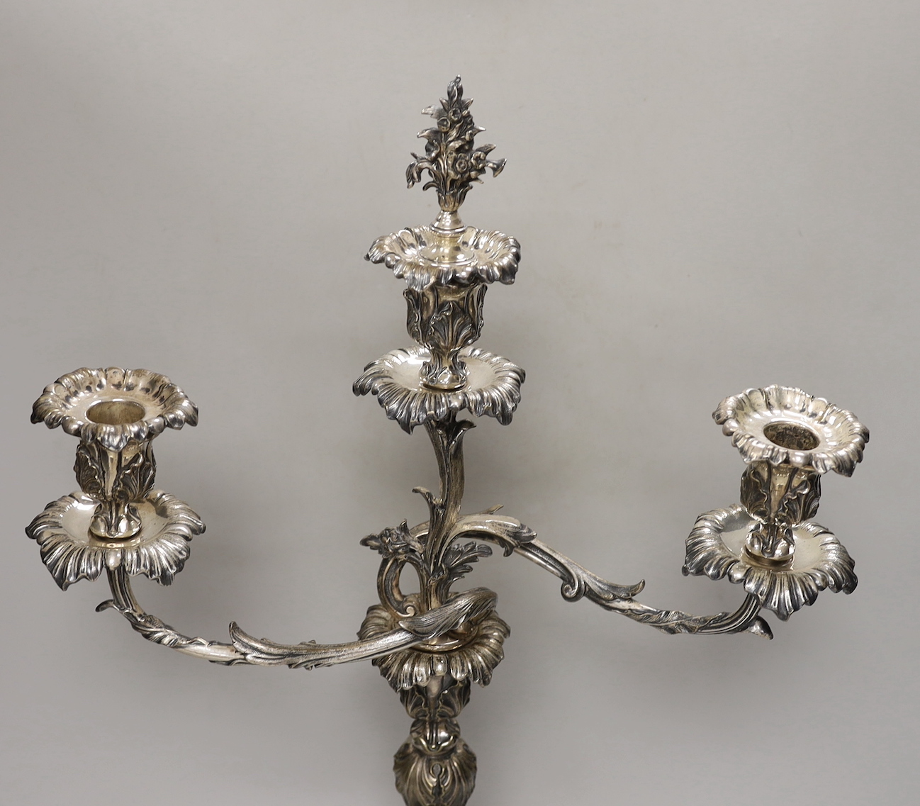 A Victorian plated Elkington & Co two branch, three light candelabrum, 60cm high - Image 3 of 3