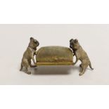 An early 20th century Austrian cold painted bronze ‘pug dogs’ pin cushion, 9cm long