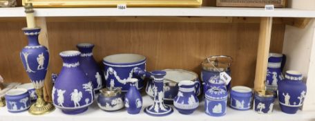 Wedgwood blue Jasper: a pair of vases, salad bowl and servers, jardiniere, biscuit barrel, table