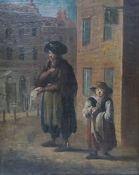 18th century English School, oil on canvas, ‘’Street vendors, one selling lace’’, 18 x 13cms.