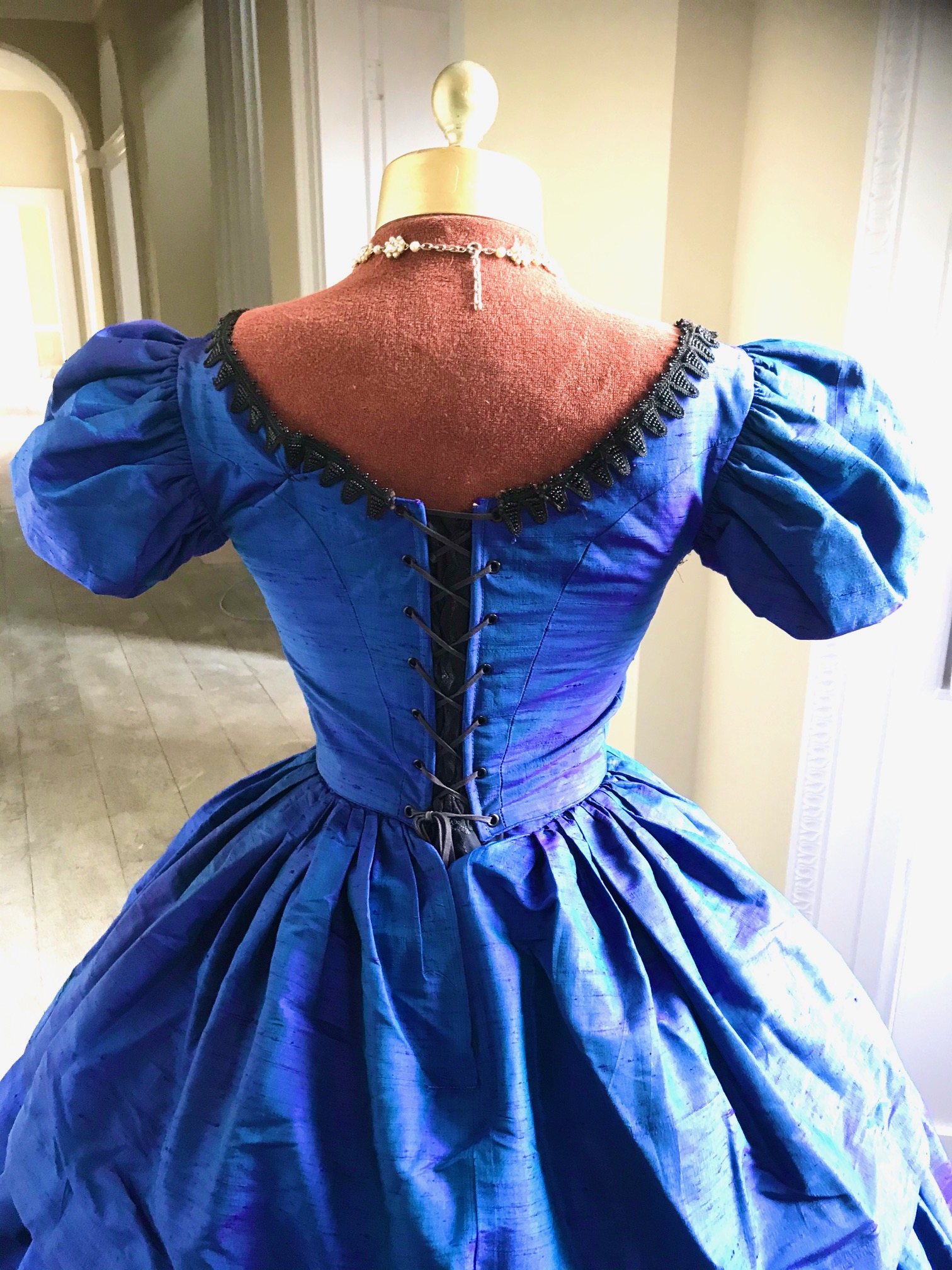 A lady's dark blue shot silk with jet Victorian style crinoline evening gown (small size) - Image 3 of 6