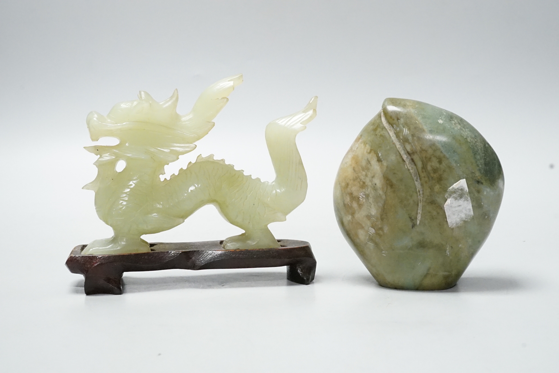 A Chinese bowenite dragon on stand and a soapstone carving, largest 12cm long - Image 4 of 4