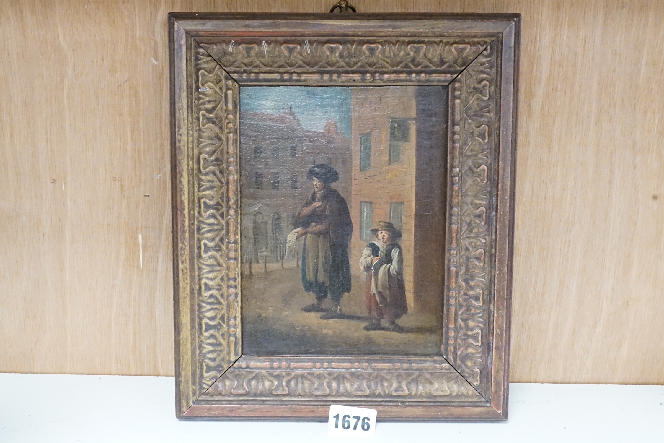 18th century English School, oil on canvas, ‘’Street vendors, one selling lace’’, 18 x 13cms. - Image 4 of 5
